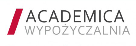 Logotyp - czerwono-szary napis Acacemica wypożyczalnia z ukośną czerwoną kreską.