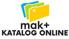 Logo, trzy karty katalogowe niebieska, zielona, żółta, napis mak+